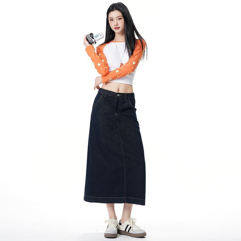 Unwashed Denim A-Line Midi Skirt - Mid Waist
