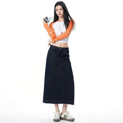 Unwashed Denim A-Line Midi Skirt - Mid Waist