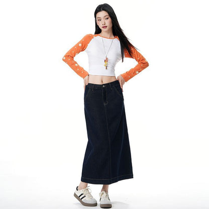 Unwashed Denim A-Line Midi Skirt - Mid Waist