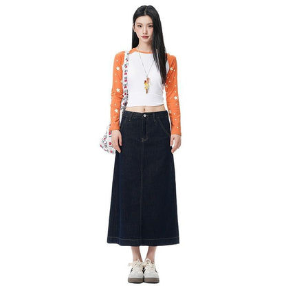 Unwashed Denim A-Line Midi Skirt - Mid Waist