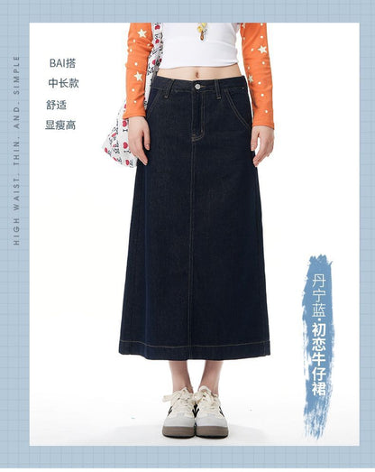 Unwashed Denim A-Line Midi Skirt - Mid Waist