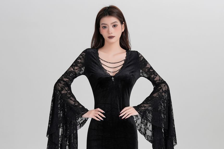 Long-Sleeve V-Neck Lace Panel Chained Velvet Maxi A-Line Dress