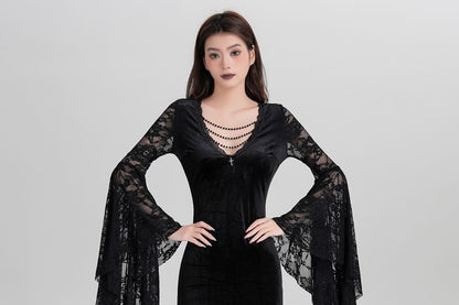 Long-Sleeve V-Neck Lace Panel Chained Velvet Maxi A-Line Dress