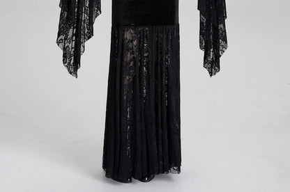 Long-Sleeve V-Neck Lace Panel Chained Velvet Maxi A-Line Dress