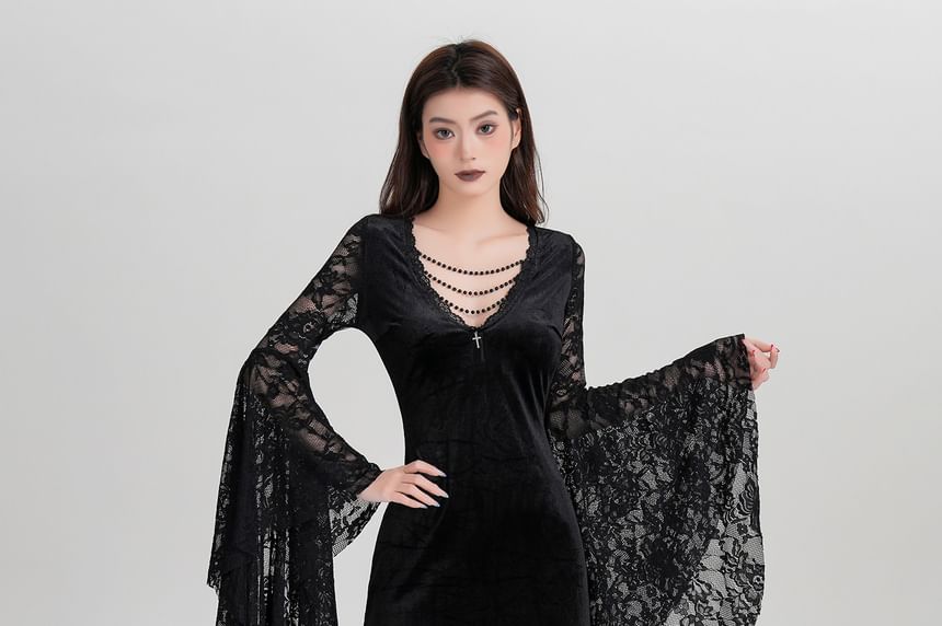 Long-Sleeve V-Neck Lace Panel Chained Velvet Maxi A-Line Dress