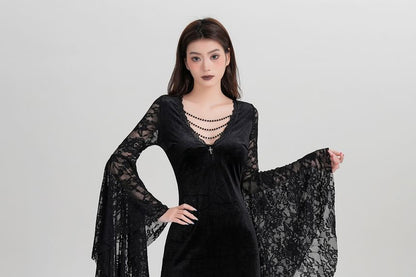 Long-Sleeve V-Neck Lace Panel Chained Velvet Maxi A-Line Dress