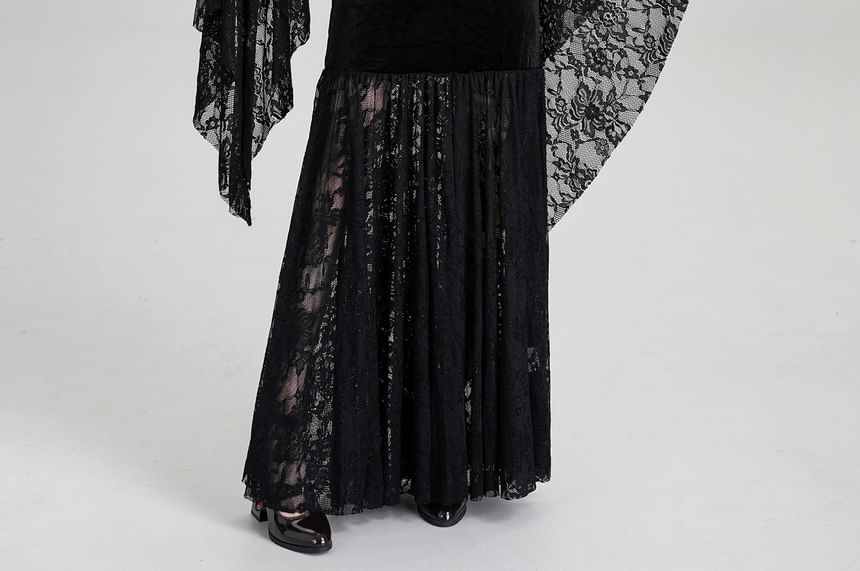 Long-Sleeve V-Neck Lace Panel Chained Velvet Maxi A-Line Dress
