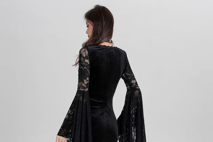 Long-Sleeve V-Neck Lace Panel Chained Velvet Maxi A-Line Dress
