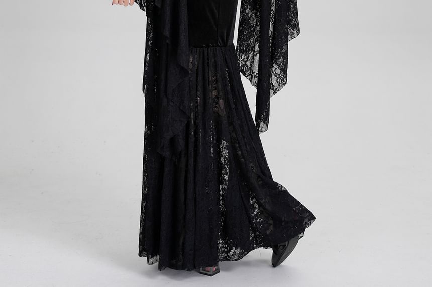 Long-Sleeve V-Neck Lace Panel Chained Velvet Maxi A-Line Dress