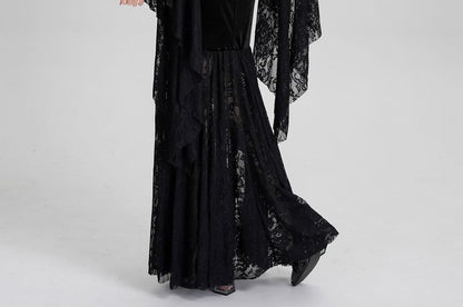 Long-Sleeve V-Neck Lace Panel Chained Velvet Maxi A-Line Dress
