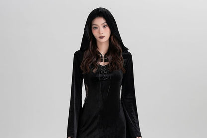 Set: Spaghetti Strap V-Neck Lace Panel Grommet Slit Midi Sheath Dress + Plain Hooded Buckled Shrug