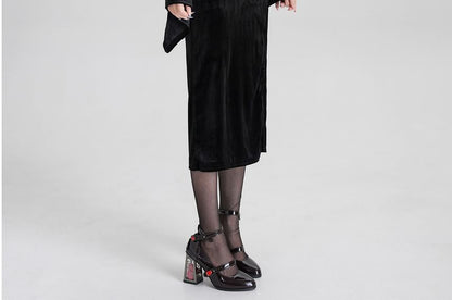 Set: Spaghetti Strap V-Neck Lace Panel Grommet Slit Midi Sheath Dress + Plain Hooded Buckled Shrug
