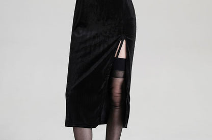 Set: Spaghetti Strap V-Neck Lace Panel Grommet Slit Midi Sheath Dress + Plain Hooded Buckled Shrug
