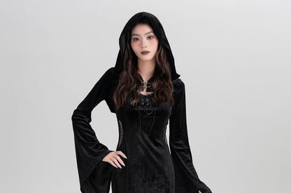 Set: Spaghetti Strap V-Neck Lace Panel Grommet Slit Midi Sheath Dress + Plain Hooded Buckled Shrug