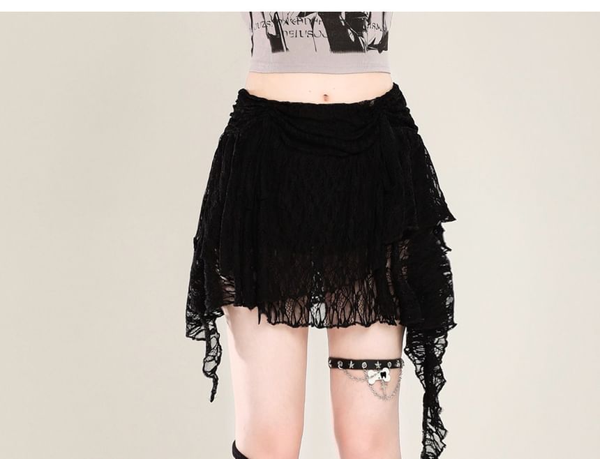 Mid-Rise Lace Asymmetrical A-Line Mini Skirt