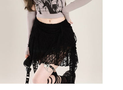 Mid-Rise Lace Asymmetrical A-Line Mini Skirt