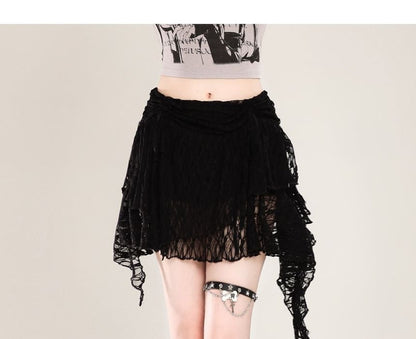 Mid-Rise Lace Asymmetrical A-Line Mini Skirt