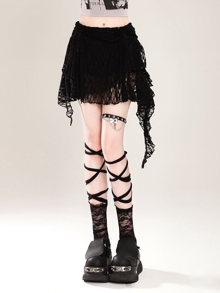 Mid-Rise Lace Asymmetrical A-Line Mini Skirt