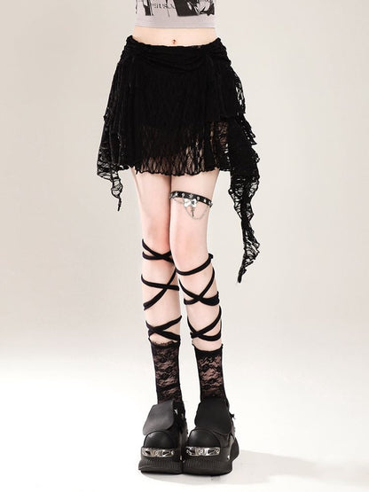 Mid-Rise Lace Asymmetrical A-Line Mini Skirt