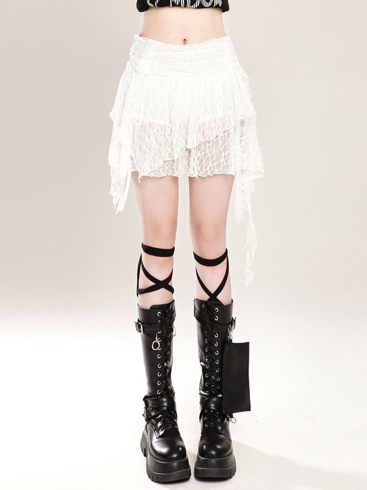 Mid-Rise Lace Asymmetrical A-Line Mini Skirt