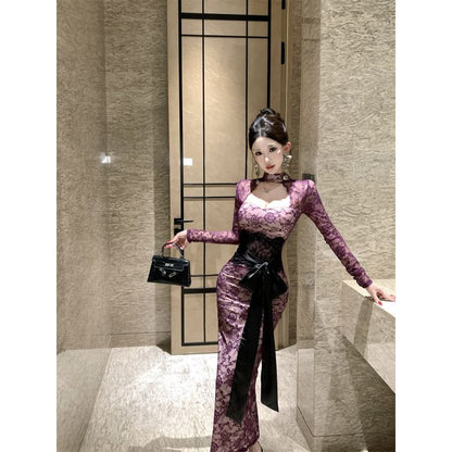 Long-Sleeve Mock Neck Cutout Tie Waist Slit Lace Maxi Sheath Dress