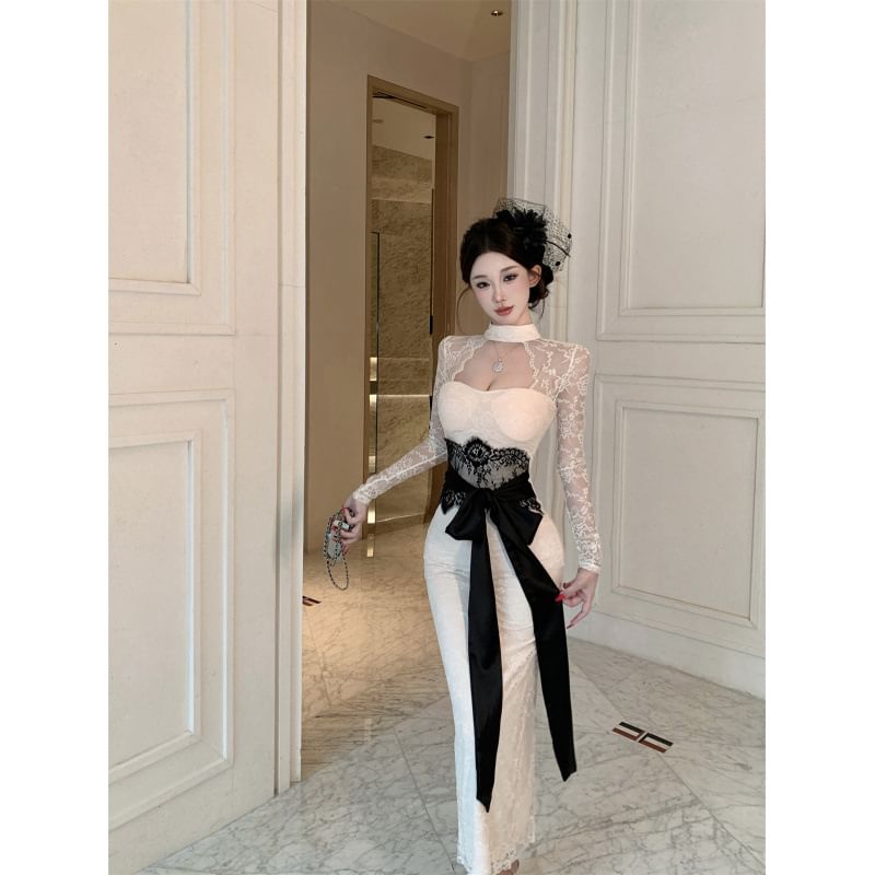 Long-Sleeve Mock Neck Cutout Tie Waist Slit Lace Maxi Sheath Dress