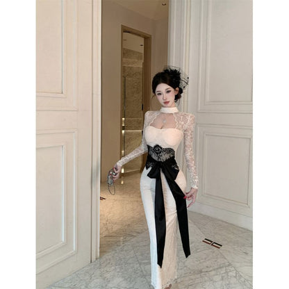 Long-Sleeve Mock Neck Cutout Tie Waist Slit Lace Maxi Sheath Dress