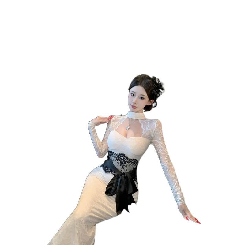 Long-Sleeve Mock Neck Cutout Tie Waist Slit Lace Maxi Sheath Dress