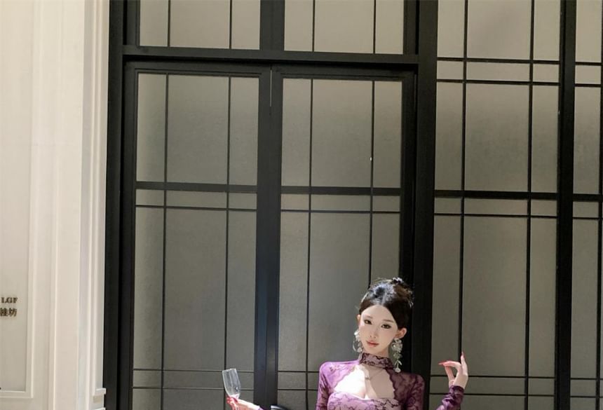 Long-Sleeve Mock Neck Cutout Tie Waist Slit Lace Maxi Sheath Dress