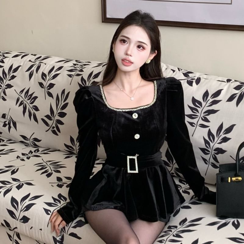 Velvet Square Neck Blouse with Rhinestone Belt and Hot Pants