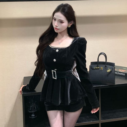 Velvet Square Neck Blouse with Rhinestone Belt and Hot Pants