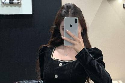 Velvet Square Neck Blouse with Rhinestone Belt and Hot Pants