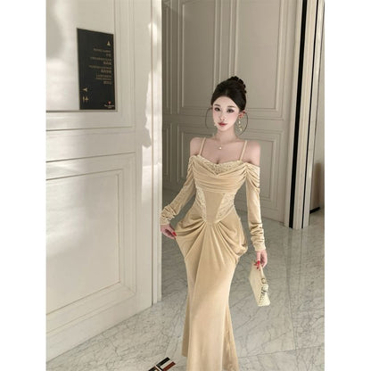 Long-Sleeve Cold Shoulder Sequin Panel Ruched Velvet Maxi Mermaid Dress