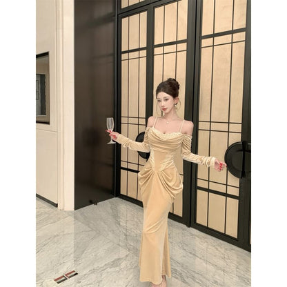 Long-Sleeve Cold Shoulder Sequin Panel Ruched Velvet Maxi Mermaid Dress