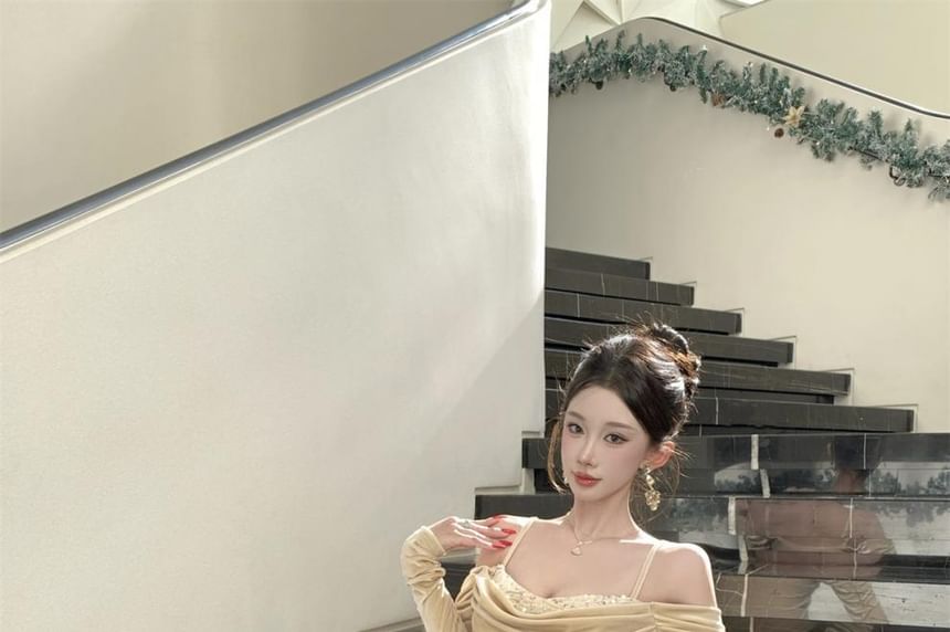 Long-Sleeve Cold Shoulder Sequin Panel Ruched Velvet Maxi Mermaid Dress