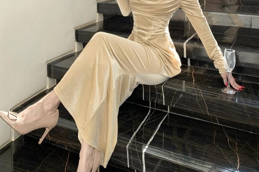 Long-Sleeve Cold Shoulder Sequin Panel Ruched Velvet Maxi Mermaid Dress