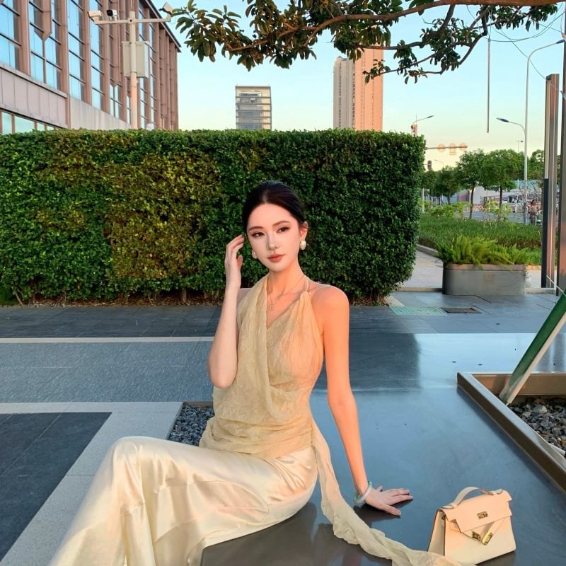 Halter-Neck Ruffled Top with Satin Mermaid Skirt Set