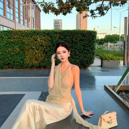 Halter-Neck Ruffled Top with Satin Mermaid Skirt Set