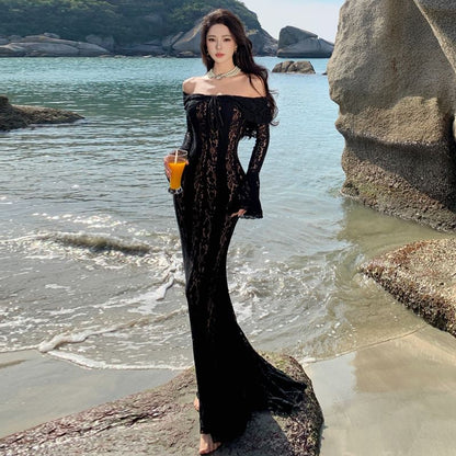 Off-Shoulder Long-Sleeve Drawstring Maxi Lace Mermaid Dress