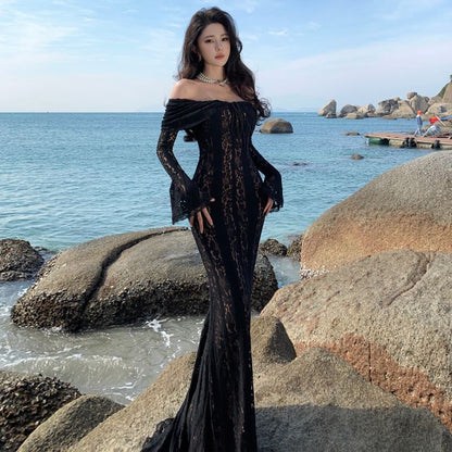 Off-Shoulder Long-Sleeve Drawstring Maxi Lace Mermaid Dress