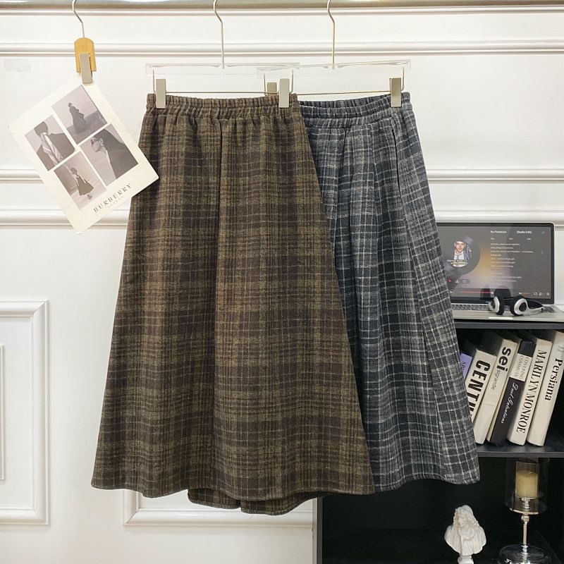 Plaid Pleated A-Line Maxi Skirt