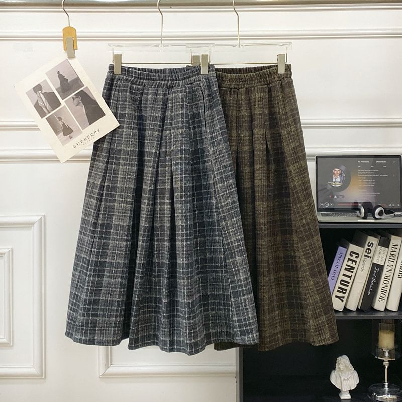 Plaid Pleated A-Line Maxi Skirt