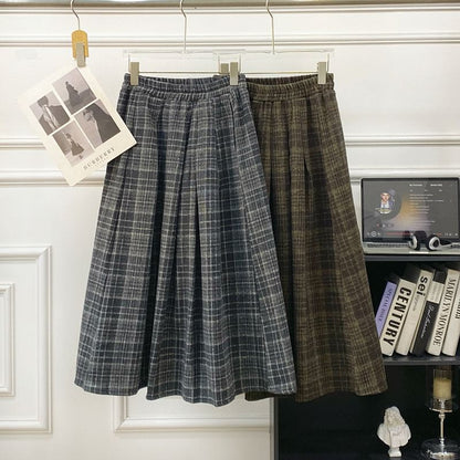 Plaid Pleated A-Line Maxi Skirt