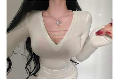 Plunge Neckline Slim-Fit Top with Long Sleeves