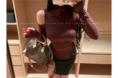 Mock Neck Off-Shoulder Asymmetric Top with Long Sleeves