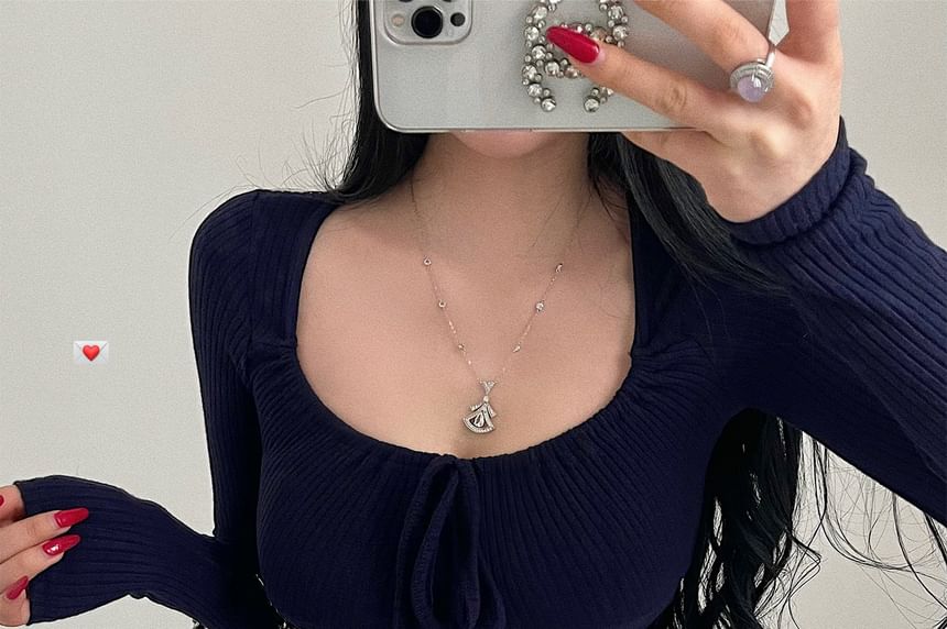 Tie-Front Ribbed Knit Top with Scoop Neck