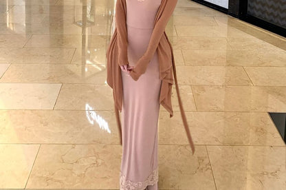 Spaghetti Strap V-Neck Lace Panel Maxi Sheath Dress / Plain Tie Waist Cardigan