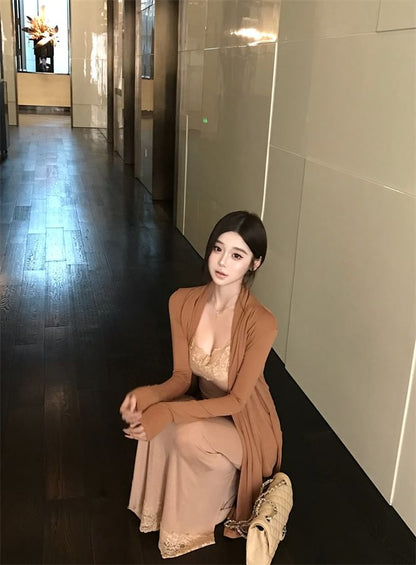 Spaghetti Strap V-Neck Lace Panel Maxi Sheath Dress / Plain Tie Waist Cardigan