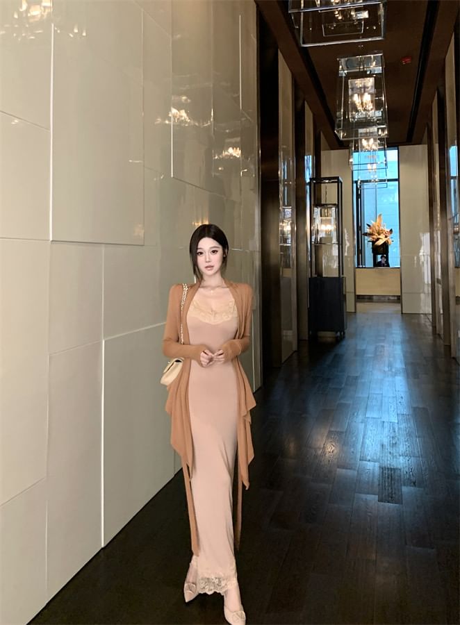 Spaghetti Strap V-Neck Lace Panel Maxi Sheath Dress / Plain Tie Waist Cardigan