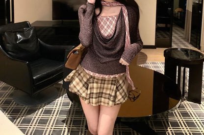 Long-Sleeve Cowl Neck Plaid Panel Fitted Top with Mock Layering